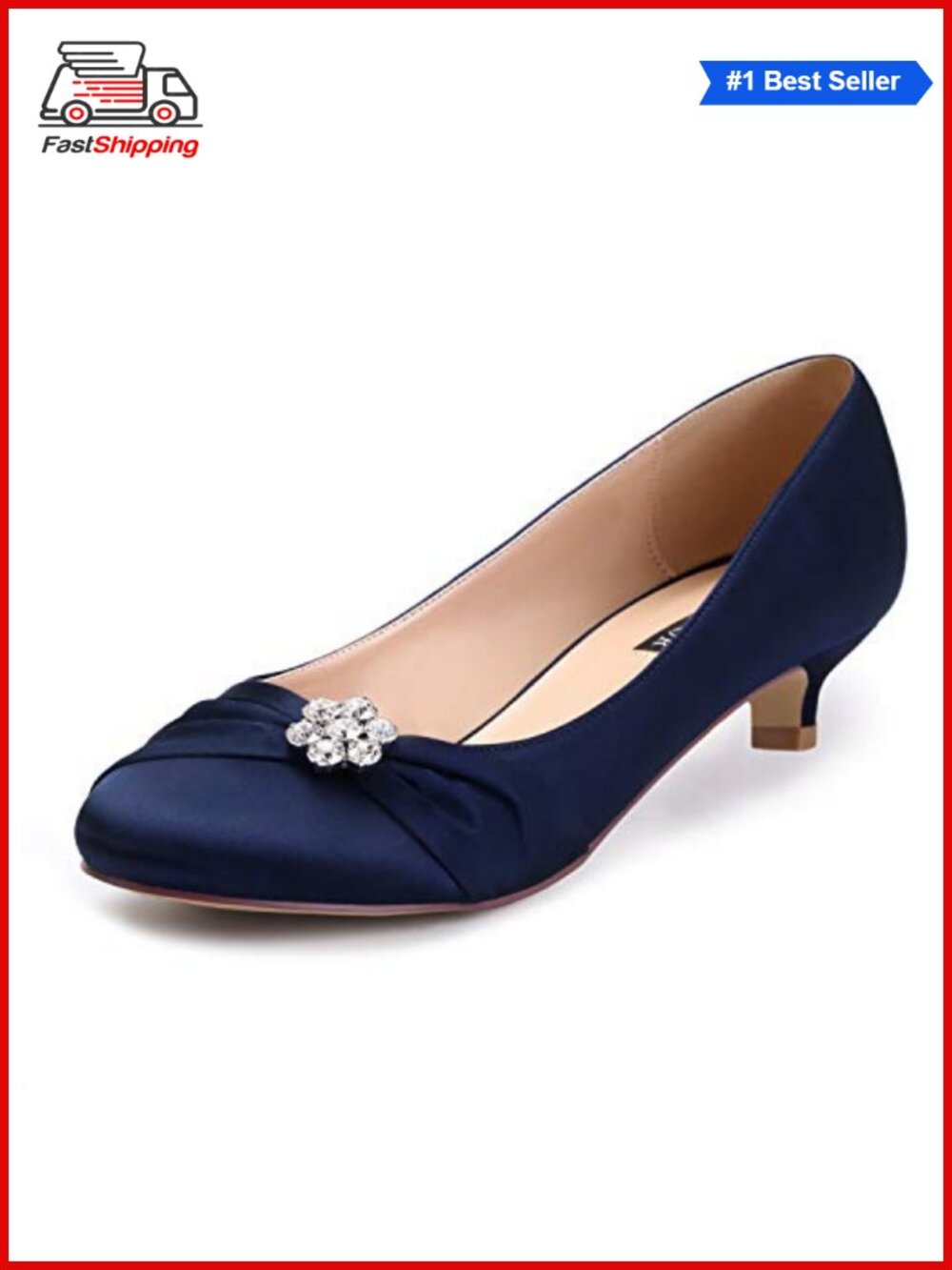 ✨ Women's Satin Kitten Heel Pumps with Rhinestone Brooch Closed Toe Wedding